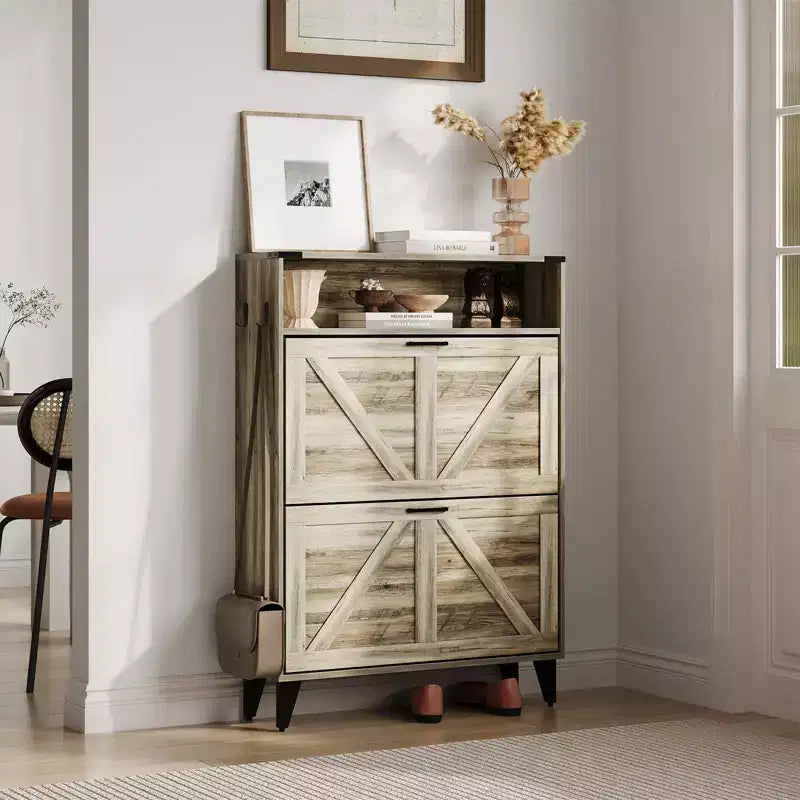Freestanding Shoe Cabinet 2 Flip Drawers Front Door Shoe Rack with Adjustable Shelf Metal Legs for Entryway 31.5 D x 9.45 W x 44.49 H