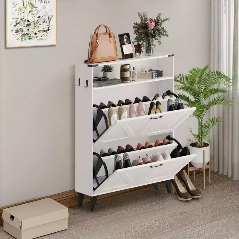 Freestanding Shoe Cabinet 2 Flip Drawers Front Door Shoe Rack with Adjustable Shelf Metal Legs for Entryway 31.5 D x 9.45 W x 44.49 H