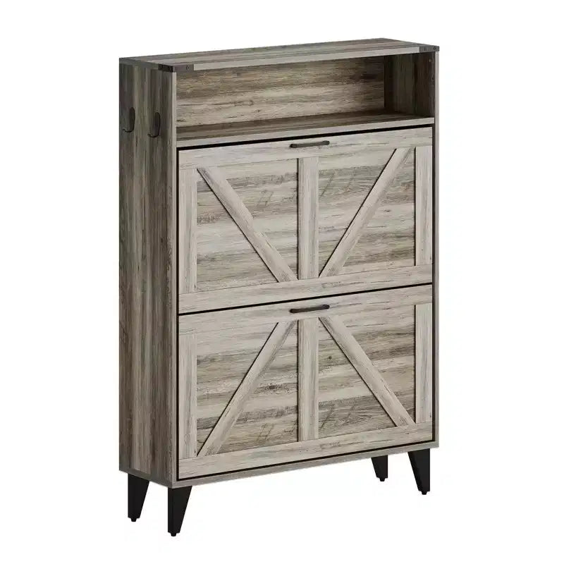Freestanding Shoe Cabinet 2 Flip Drawers Front Door Shoe Rack with Adjustable Shelf Metal Legs for Entryway 31.5 D x 9.45 W x 44.49 H