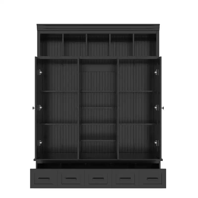Modern Hall Tree Entryway Bench Storage Organizer Cabinet with 4 Doors, 5 Drawers and Adjustable Shelves, White/Black-ModernLuxe