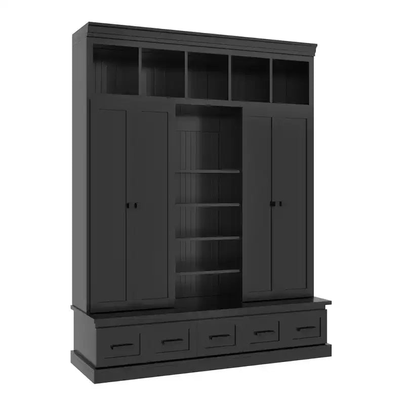 Modern Hall Tree Entryway Bench Storage Organizer Cabinet with 4 Doors, 5 Drawers and Adjustable Shelves, White/Black-ModernLuxe