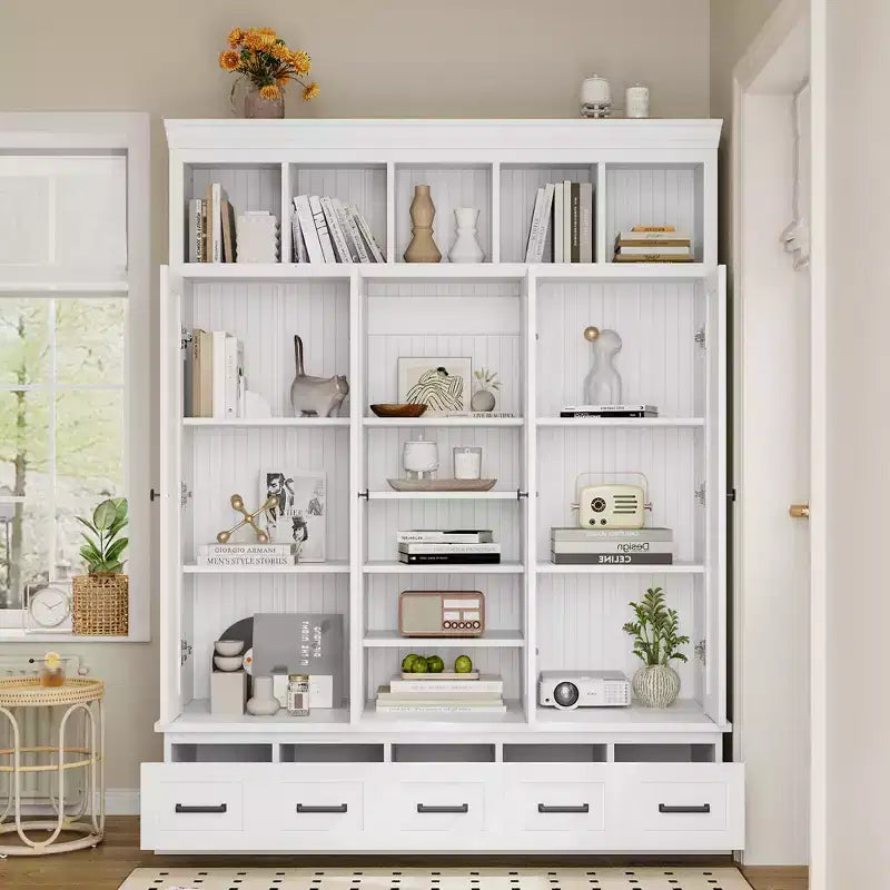Modern Hall Tree Entryway Bench Storage Organizer Cabinet with 4 Doors, 5 Drawers and Adjustable Shelves, White/Black-ModernLuxe
