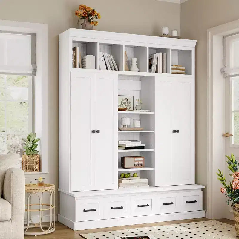 Modern Hall Tree Entryway Bench Storage Organizer Cabinet with 4 Doors, 5 Drawers and Adjustable Shelves, White/Black-ModernLuxe