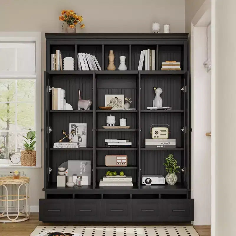 Modern Hall Tree Entryway Bench Storage Organizer Cabinet with 4 Doors, 5 Drawers and Adjustable Shelves, White/Black-ModernLuxe