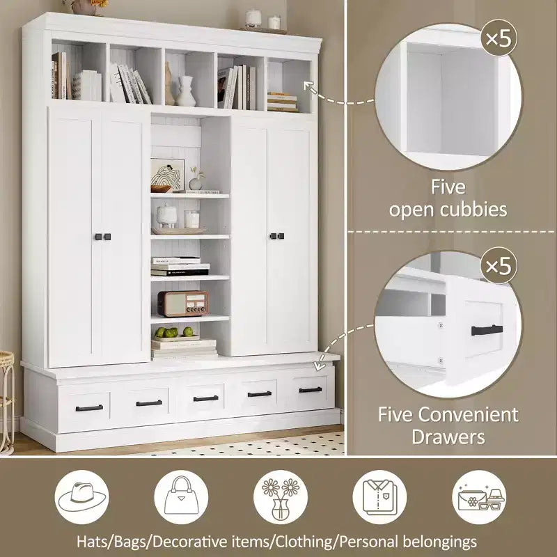 Modern Hall Tree Entryway Bench Storage Organizer Cabinet with 4 Doors, 5 Drawers and Adjustable Shelves, White/Black-ModernLuxe