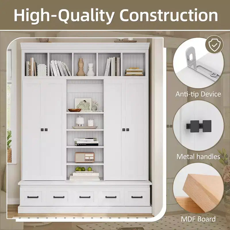 Modern Hall Tree Entryway Bench Storage Organizer Cabinet with 4 Doors, 5 Drawers and Adjustable Shelves, White/Black-ModernLuxe
