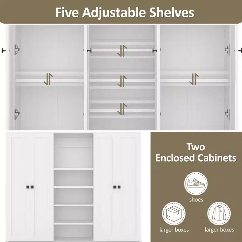 Modern Hall Tree Entryway Bench Storage Organizer Cabinet with 4 Doors, 5 Drawers and Adjustable Shelves, White/Black-ModernLuxe