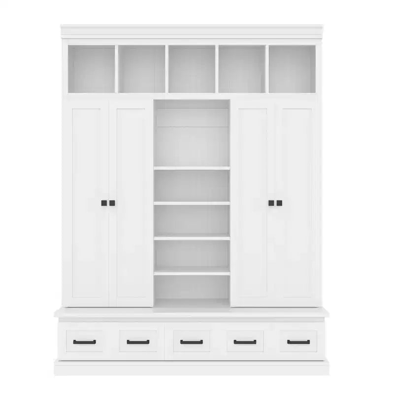 Modern Hall Tree Entryway Bench Storage Organizer Cabinet with 4 Doors, 5 Drawers and Adjustable Shelves, White/Black-ModernLuxe