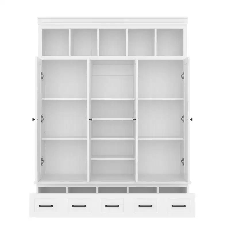 Modern Hall Tree Entryway Bench Storage Organizer Cabinet with 4 Doors, 5 Drawers and Adjustable Shelves, White/Black-ModernLuxe