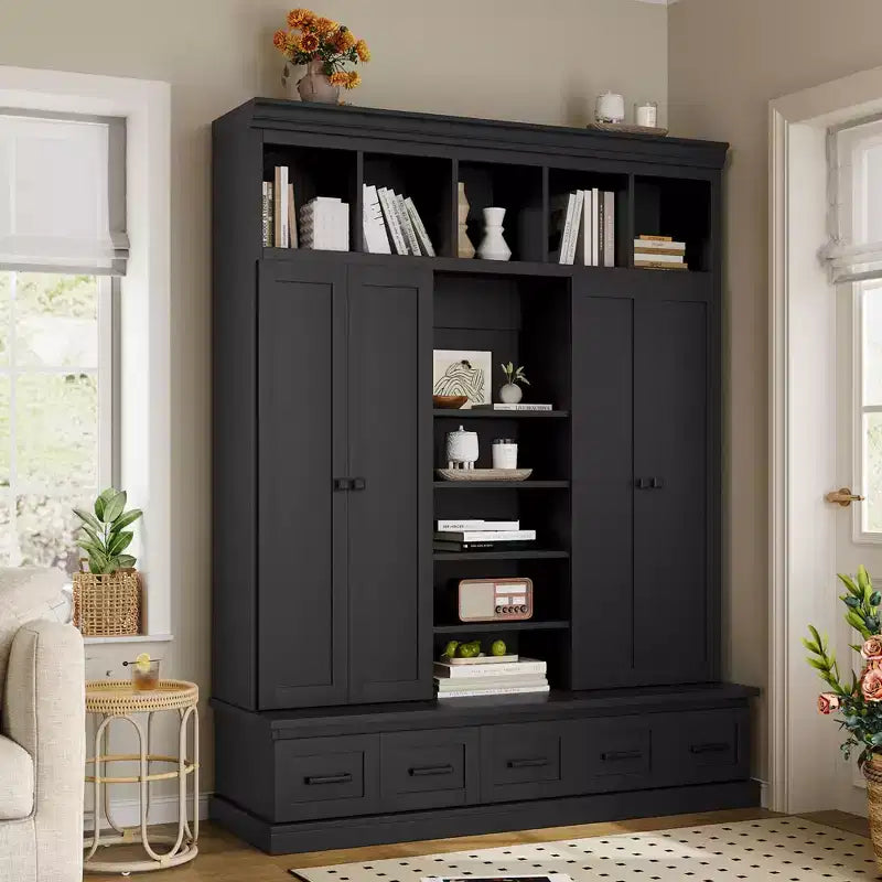Modern Hall Tree Entryway Bench Storage Organizer Cabinet with 4 Doors, 5 Drawers and Adjustable Shelves, White/Black-ModernLuxe