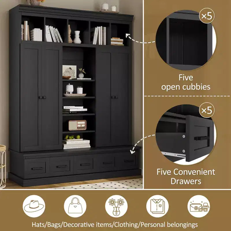 Modern Hall Tree Entryway Bench Storage Organizer Cabinet with 4 Doors, 5 Drawers and Adjustable Shelves, White/Black-ModernLuxe