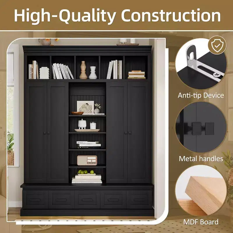 Modern Hall Tree Entryway Bench Storage Organizer Cabinet with 4 Doors, 5 Drawers and Adjustable Shelves, White/Black-ModernLuxe