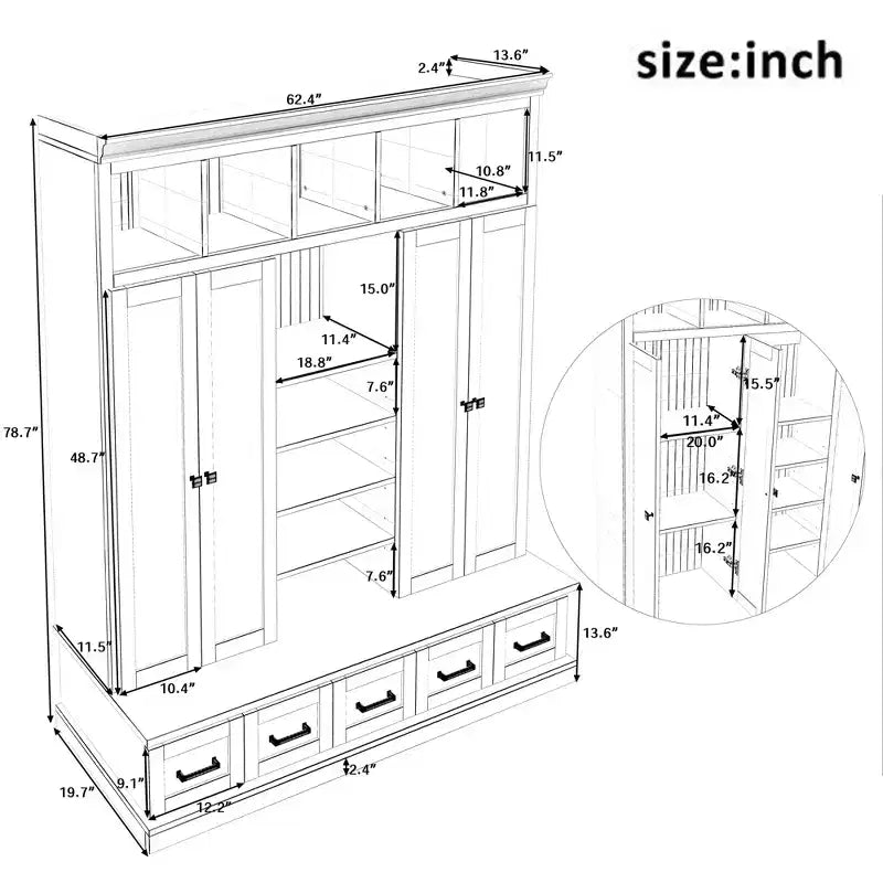 Modern Hall Tree Entryway Bench Storage Organizer Cabinet with 4 Doors, 5 Drawers and Adjustable Shelves, White/Black-ModernLuxe