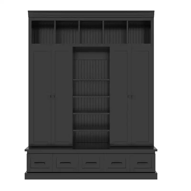 Modern Hall Tree Entryway Bench Storage Organizer Cabinet with 4 Doors, 5 Drawers and Adjustable Shelves, White/Black-ModernLuxe