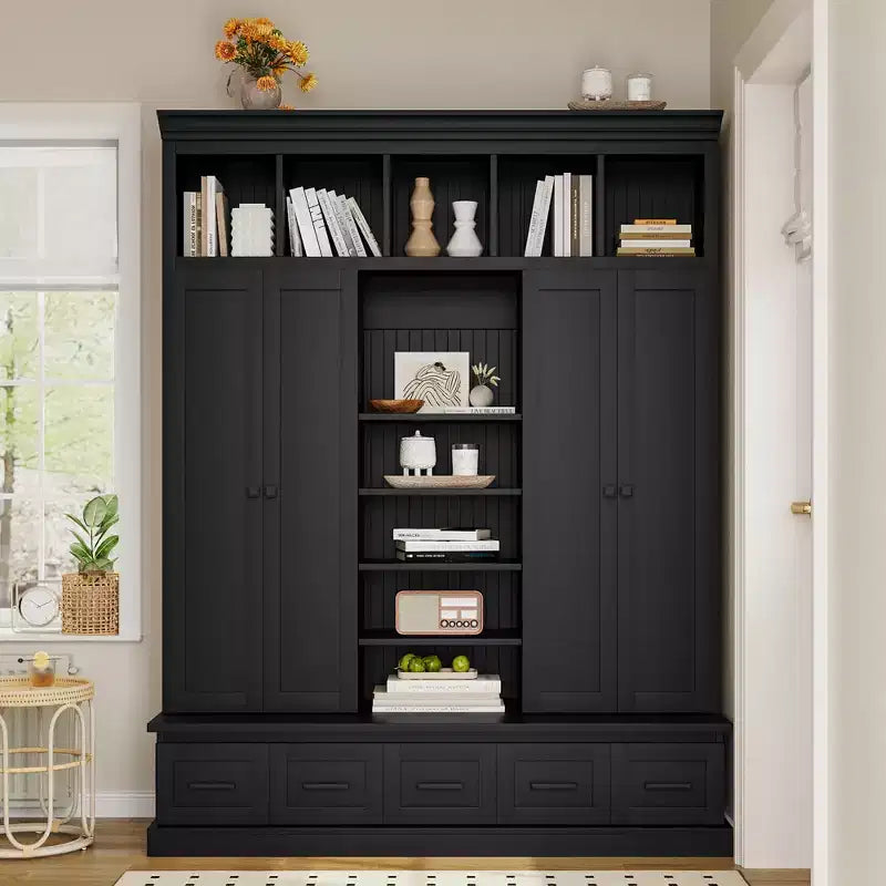 Modern Hall Tree Entryway Bench Storage Organizer Cabinet with 4 Doors, 5 Drawers and Adjustable Shelves, White/Black-ModernLuxe