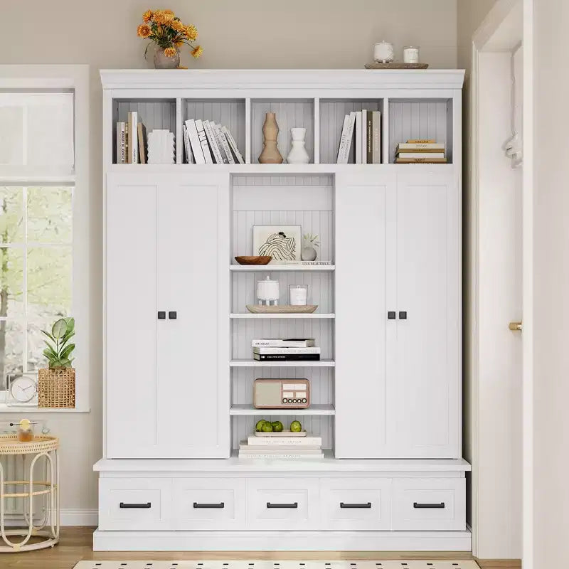 Modern Hall Tree Entryway Bench Storage Organizer Cabinet with 4 Doors, 5 Drawers and Adjustable Shelves, White/Black-ModernLuxe