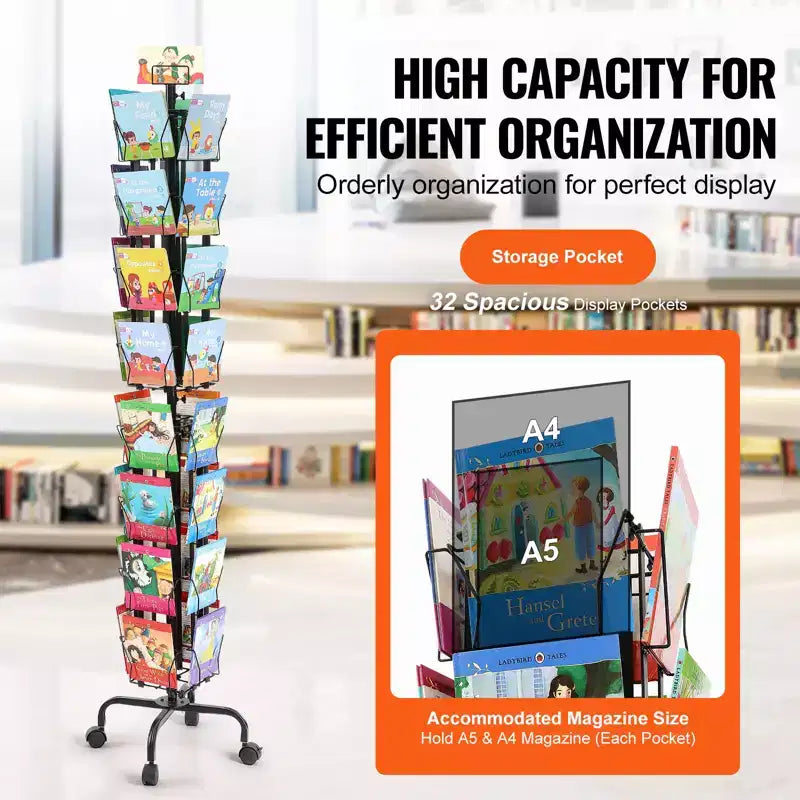 VEVOR Greeting Cards Display Rack, 32 Pockets Rotating Postcard Brochure Display Stand, 360 Spinning Card Display Rack with Sign Holder