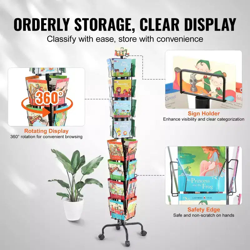VEVOR Greeting Cards Display Rack, 32 Pockets Rotating Postcard Brochure Display Stand, 360 Spinning Card Display Rack with Sign Holder