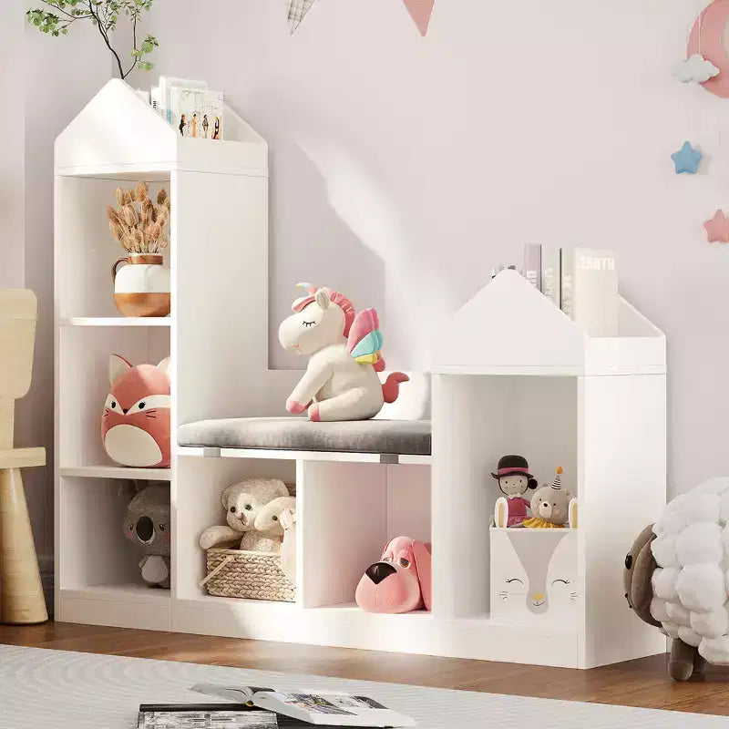 Kids Bookshelf with Reading Nook Children Bookcase 6 Cubby Toy Storage Organizer Seat Cushion Wooden Storage Bench