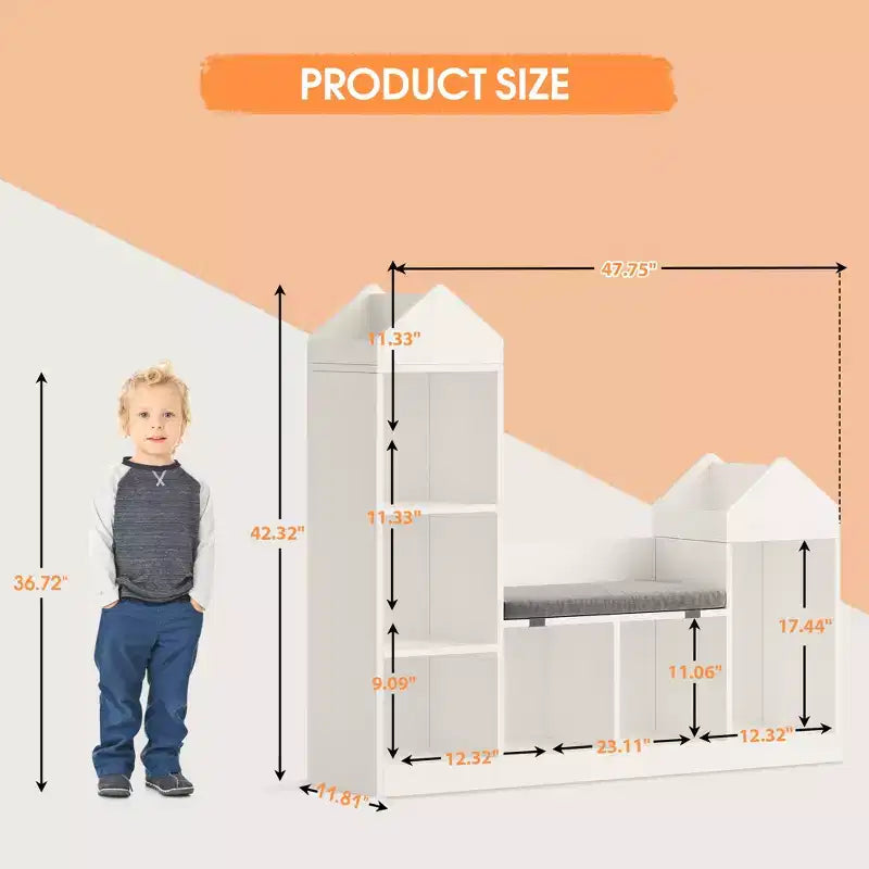Kids Bookshelf with Reading Nook Children Bookcase 6 Cubby Toy Storage Organizer Seat Cushion Wooden Storage Bench