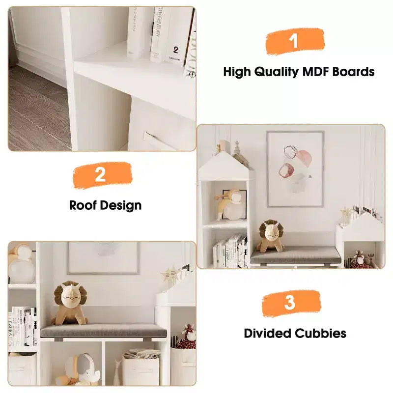 Kids Bookshelf with Reading Nook Children Bookcase 6 Cubby Toy Storage Organizer Seat Cushion Wooden Storage Bench