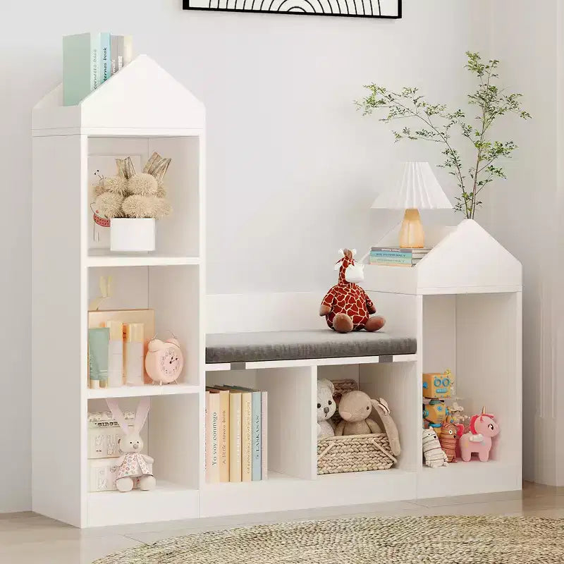 Kids Bookshelf with Reading Nook Children Bookcase 6 Cubby Toy Storage Organizer Seat Cushion Wooden Storage Bench