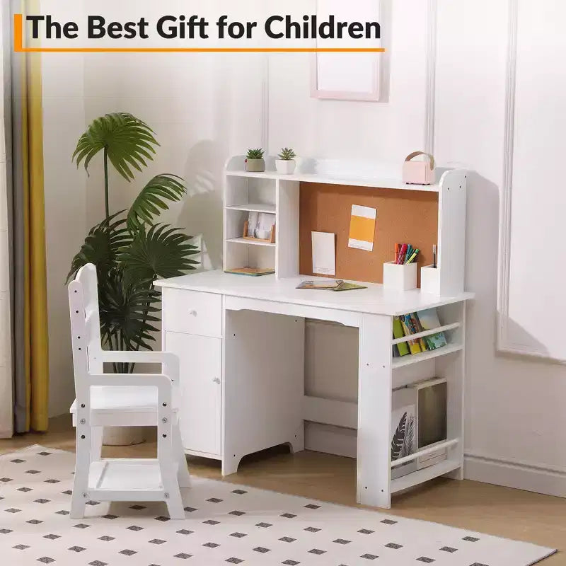 Kids Desk, Study Desk and Chair Set for Boys and Girl, Wooden Kids Writing Table with Bookshelf, Bulletin Board, Cabinet and Drawer for Ages 3-8