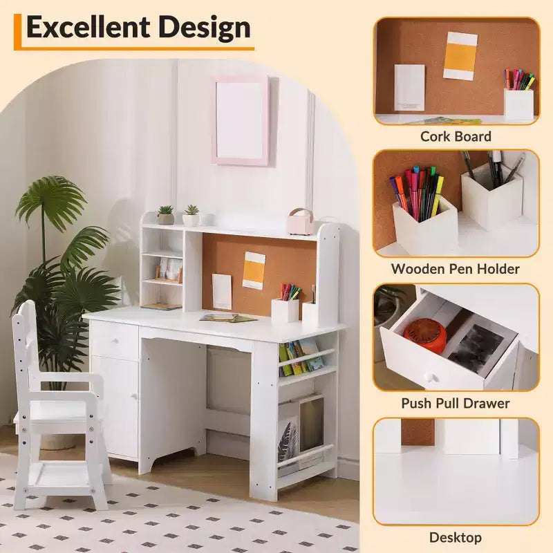 Kids Desk, Study Desk and Chair Set for Boys and Girl, Wooden Kids Writing Table with Bookshelf, Bulletin Board, Cabinet and Drawer for Ages 3-8