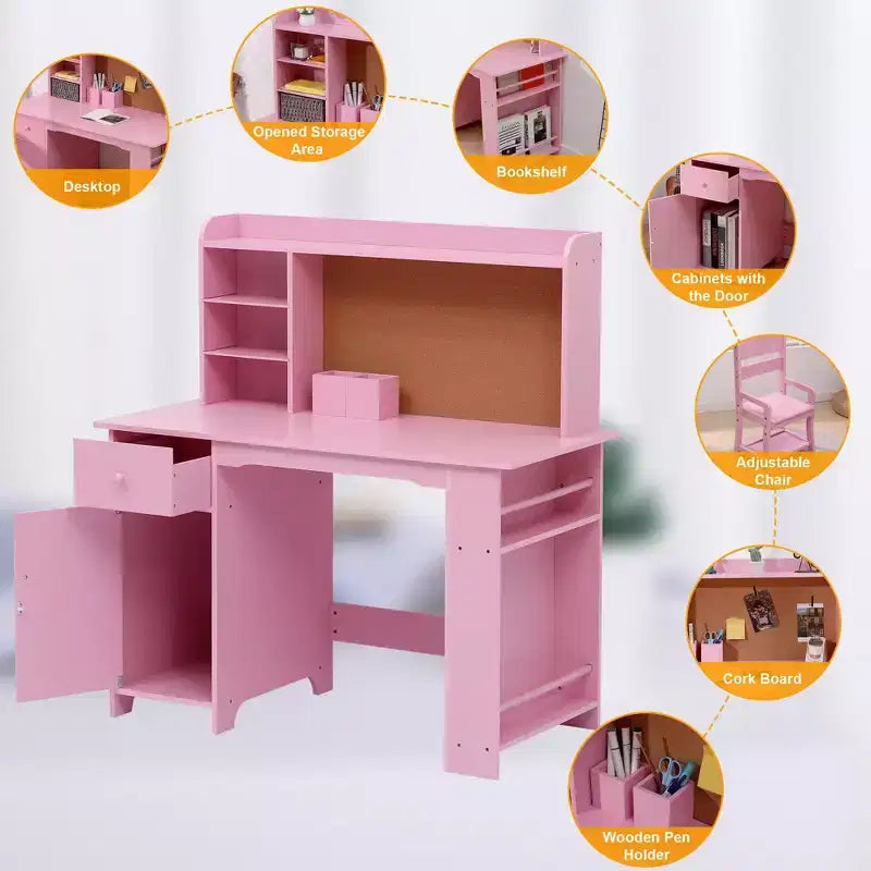 Kids Desk, Study Desk and Chair Set for Boys and Girl, Wooden Kids Writing Table with Bookshelf, Bulletin Board, Cabinet and Drawer for Ages 3-8