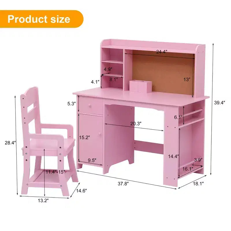 Kids Desk, Study Desk and Chair Set for Boys and Girl, Wooden Kids Writing Table with Bookshelf, Bulletin Board, Cabinet and Drawer for Ages 3-8