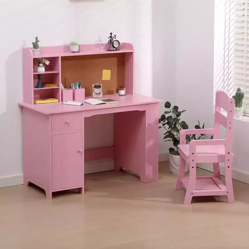 Kids Desk, Study Desk and Chair Set for Boys and Girl, Wooden Kids Writing Table with Bookshelf, Bulletin Board, Cabinet and Drawer for Ages 3-8