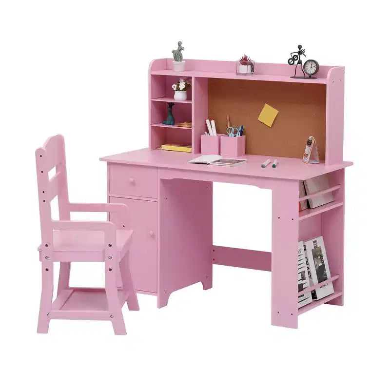 Kids Desk, Study Desk and Chair Set for Boys and Girl, Wooden Kids Writing Table with Bookshelf, Bulletin Board, Cabinet and Drawer for Ages 3-8