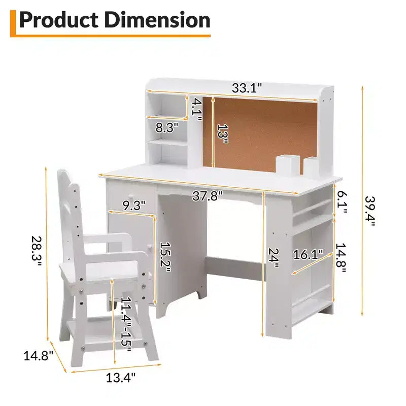 Kids Desk, Study Desk and Chair Set for Boys and Girl, Wooden Kids Writing Table with Bookshelf, Bulletin Board, Cabinet and Drawer for Ages 3-8