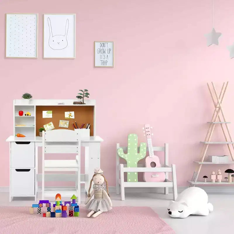 Kids Desk, Study Desk and Chair Set for Boys and Girl, Wooden Kids Writing Table with Bookshelf, Bulletin Board, Cabinet and Drawer for Ages 3-8