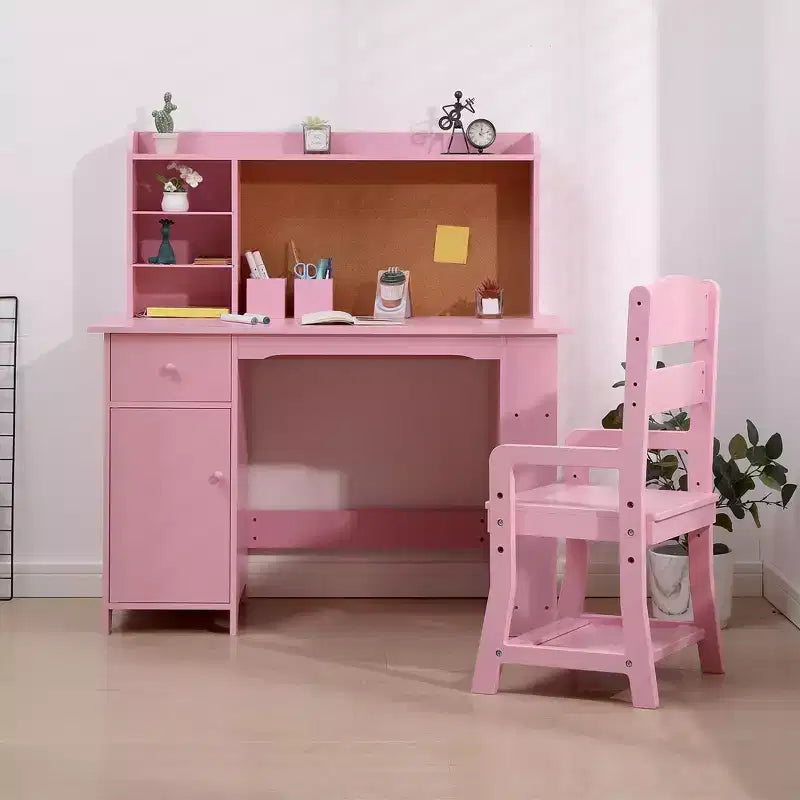 Kids Desk, Study Desk and Chair Set for Boys and Girl, Wooden Kids Writing Table with Bookshelf, Bulletin Board, Cabinet and Drawer for Ages 3-8