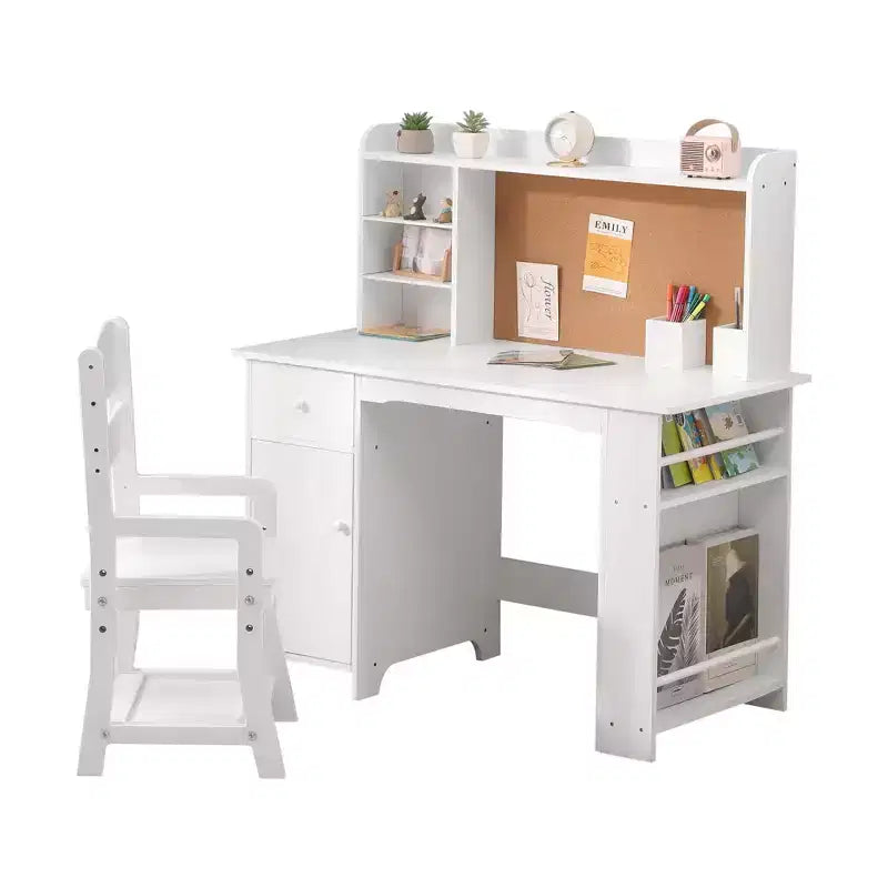 Kids Desk, Study Desk and Chair Set for Boys and Girl, Wooden Kids Writing Table with Bookshelf, Bulletin Board, Cabinet and Drawer for Ages 3-8