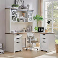 SinCiDo 60 Farmhouse L Shaped Office Desk w/ Hutch, Wood Home Office Executive Desk w/ Drawer & Charging Ports, Storage Cabinet