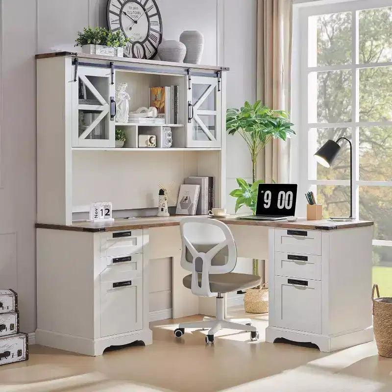 SinCiDo 60 Farmhouse L Shaped Office Desk w/ Hutch, Wood Home Office Executive Desk w/ Drawer & Charging Ports, Storage Cabinet