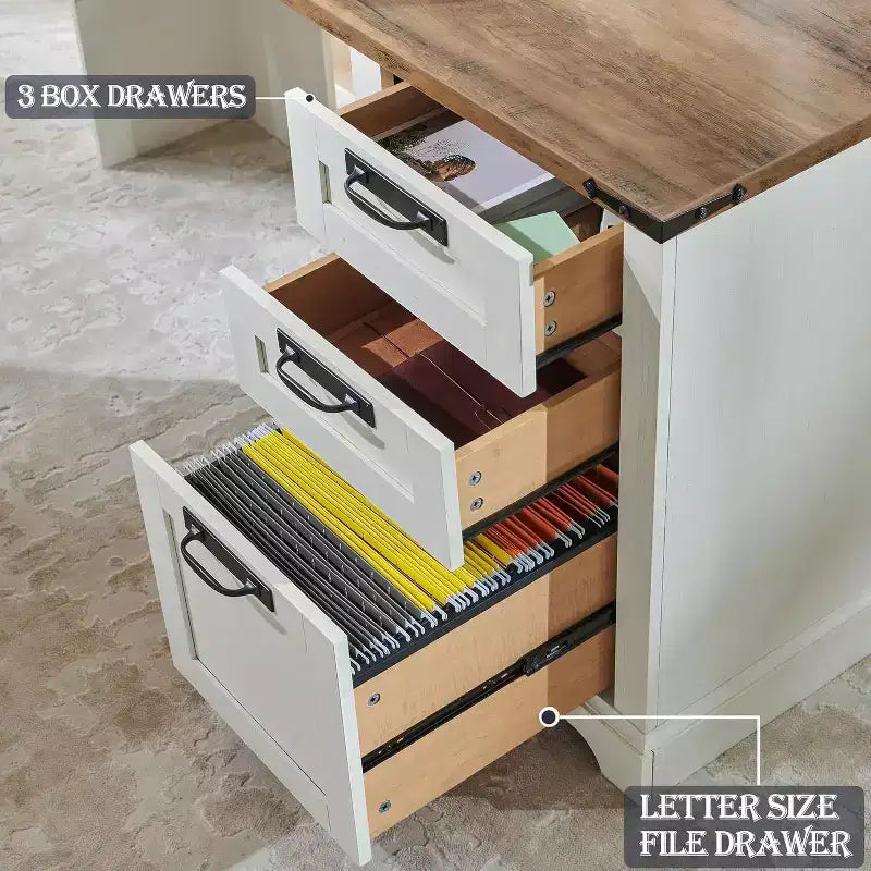 SinCiDo 60 Farmhouse L Shaped Office Desk w/ Hutch, Wood Home Office Executive Desk w/ Drawer & Charging Ports, Storage Cabinet