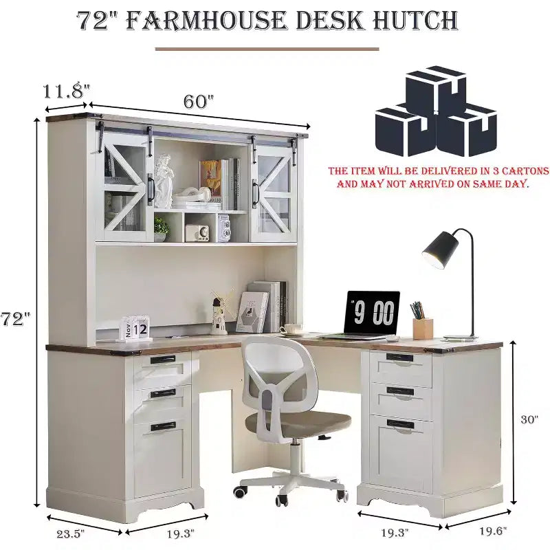 SinCiDo 60 Farmhouse L Shaped Office Desk w/ Hutch, Wood Home Office Executive Desk w/ Drawer & Charging Ports, Storage Cabinet