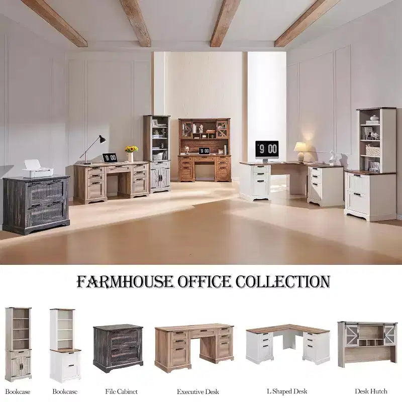 SinCiDo 60 Farmhouse L Shaped Office Desk w/ Hutch, Wood Home Office Executive Desk w/ Drawer & Charging Ports, Storage Cabinet