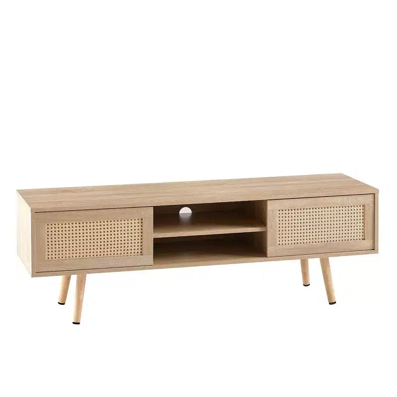 White 55.12 Rattan TV Cabinet with Double Sliding Doors, Adjustable Shelf and Solid Wood Legs for Living Room Console