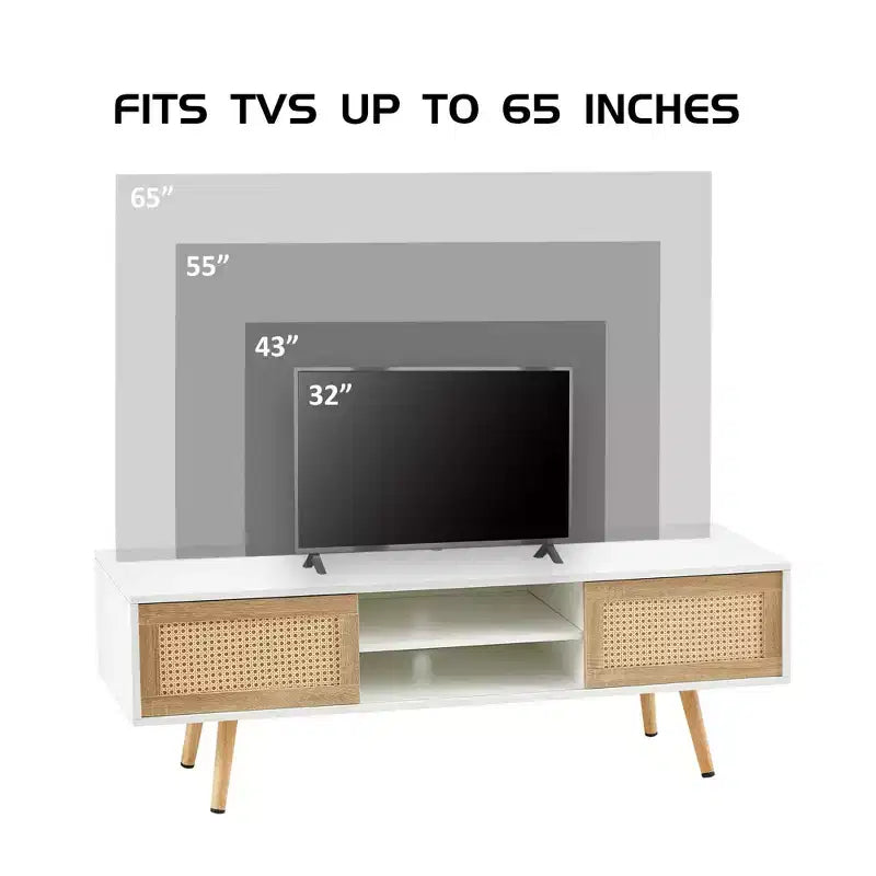White 55.12 Rattan TV Cabinet with Double Sliding Doors, Adjustable Shelf and Solid Wood Legs for Living Room Console