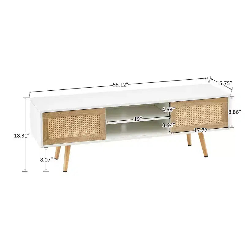 White 55.12 Rattan TV Cabinet with Double Sliding Doors, Adjustable Shelf and Solid Wood Legs for Living Room Console