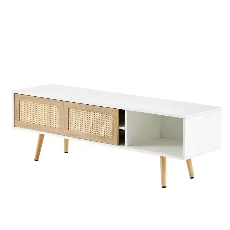 White 55.12 Rattan TV Cabinet with Double Sliding Doors, Adjustable Shelf and Solid Wood Legs for Living Room Console