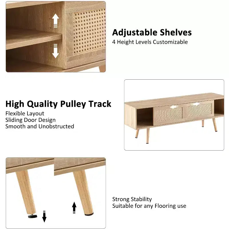 White 55.12 Rattan TV Cabinet with Double Sliding Doors, Adjustable Shelf and Solid Wood Legs for Living Room Console