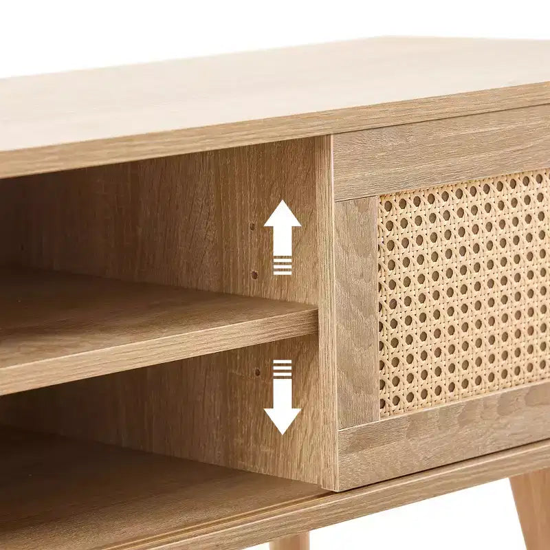 White 55.12 Rattan TV Cabinet with Double Sliding Doors, Adjustable Shelf and Solid Wood Legs for Living Room Console