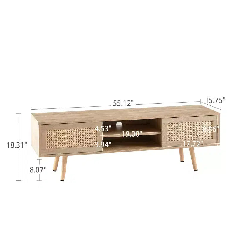 White 55.12 Rattan TV Cabinet with Double Sliding Doors, Adjustable Shelf and Solid Wood Legs for Living Room Console