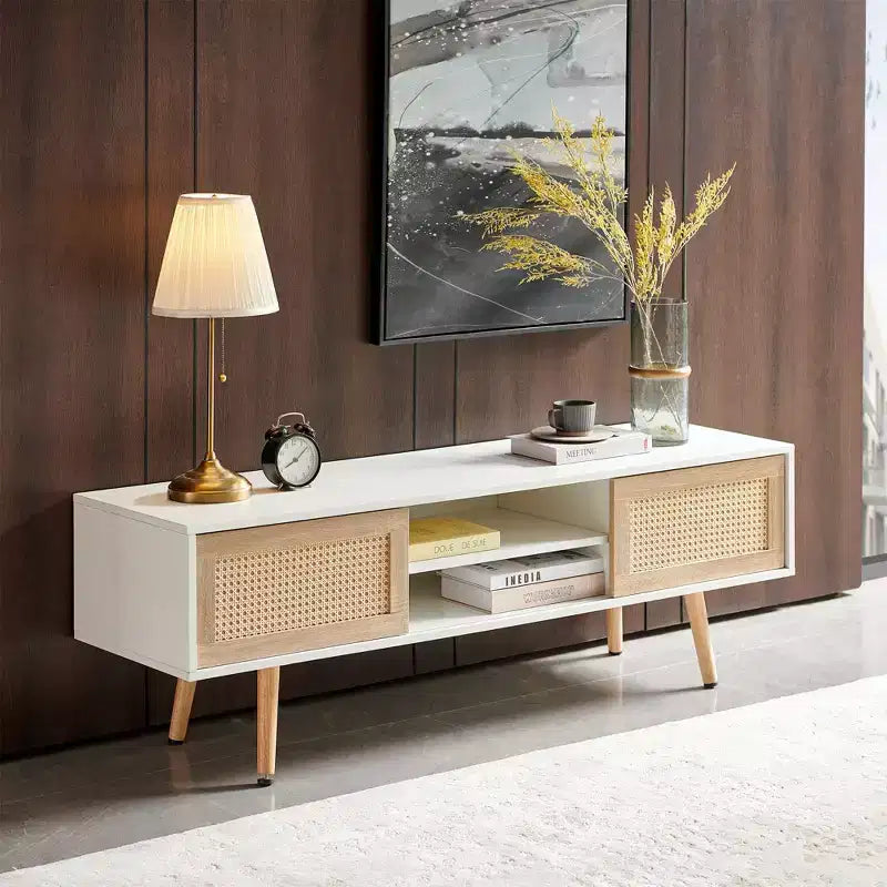 White 55.12 Rattan TV Cabinet with Double Sliding Doors, Adjustable Shelf and Solid Wood Legs for Living Room Console