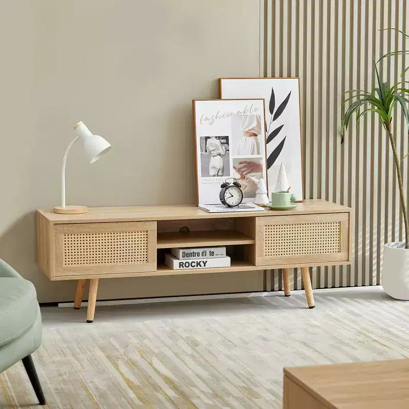 White 55.12 Rattan TV Cabinet with Double Sliding Doors, Adjustable Shelf and Solid Wood Legs for Living Room Console